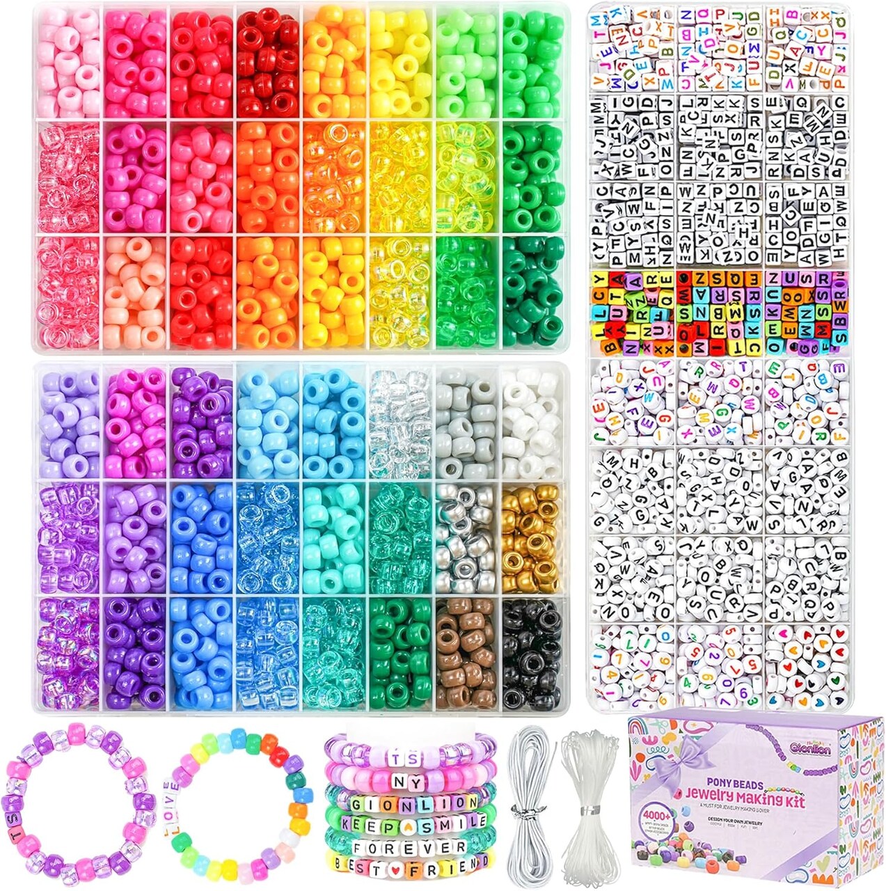 4200-Piece Pony Beads Bracelet Making Kit – 48 Colors Rainbow Kandi Beads with Letter & Number Beads, 20m Elastic Strings for DIY Jewelry & Friendship Bracelets